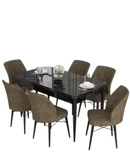 Extendable Dining Table & Chairs Set (7 Pieces) Eva - Black Marble, Brown