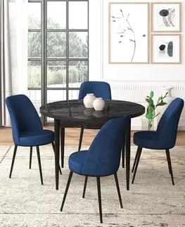 Dining Table & Chairs Set (5 Pieces) Tor - Black Marble, Navy Blue