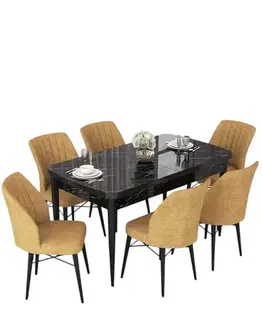 Extendable Dining Table & Chairs Set (7 Pieces) Nef - Black Marble, Cappuccino