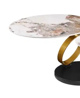 Estila Art deco konferenční stolek Delin se dvěma otočnými kulatými prkny s designem bílo-hnědého mramoru se zlatou podstavou 135 cm
