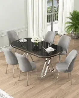 Dining Table & Chairs Set (7 Pieces) Lai - Black Marble, Chrome, Grey