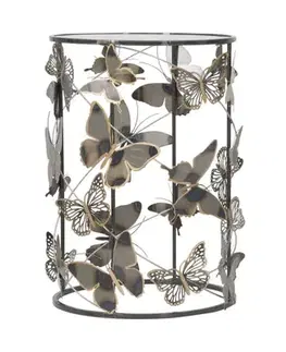 Estila Designová glamour sada kulatých příručních stolků Papillon se skleněnou deskou a tmavě hnědým kovovým rámem s motýly 50 cm