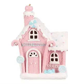 Vánoční dekorace Domek z cukrovinek, polyresin, LED, růžová