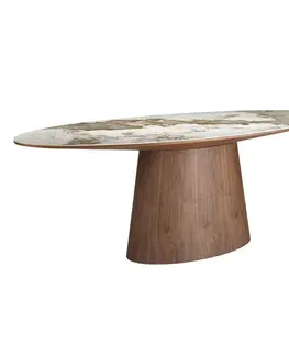 Estila Luxusný moderný biely porcelánový oválny jedálenský stôl Vita Naturale s mramorovým vzorom s nohou z hnedého dreva 220 cm