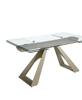 Estila Luxusní skleněný obdélníkový rozkládací stůl Forma Moderna s kovovou podstavou v lesklé šampaňské béžové barvě 160 - 240 cm