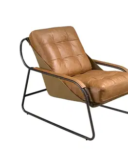 Estila Luxusní designové křeslo Rotho s hnědým potahem z pravé kůže s prošíváním a štíhlou tmavou kovovou konstrukcí 72 cm
