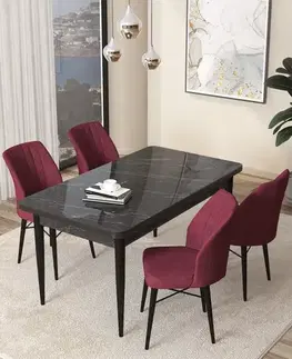 Dining Table & Chairs Set (5 Pieces) Arp - Black Marble, Burgundy