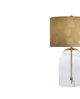 Estila Glamour zlatá stolní lampa Gambier s kulatým stínítkem se vzorem palmových listů a průhlednou skleněnou podstavou 55 cm