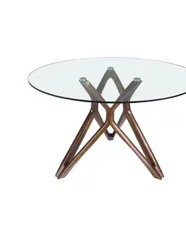 Estila Luxusní skleněný kulatý jídelní stůl Forma Moderna s designovou dřevěnou podstavou v ořechové hnědé barvě 120 - 130 - 140 cm