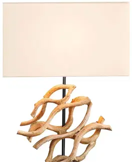 Estila Stolní lampa Rilyn ve venkovském stylu s dekoračním detailem z teakového dřeva a béžovým stínítkem 57 cm