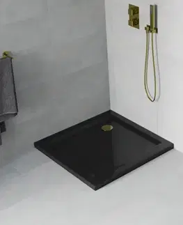 MEXEN/S Flat sprchová vanička čtvercová slim 70 x 70, černá + zlatý sifon 40707070G