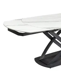 Estila Moderní bílý oválný keramický rozkládací jídelní stůl Lutz s mramorovým vzhledem a černou kovovou podstavou 190 cm