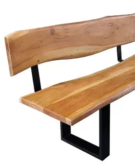 Estila Designová industriální lavice Bronx s opěrkou z hnědého akáciového dřeva a černou kovovou konstrukcí 200 cm