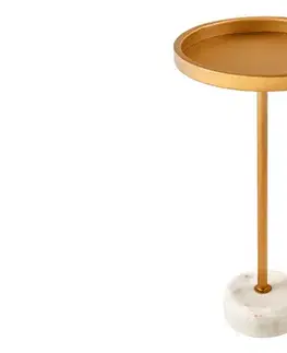 Estila Art deco kulatý příruční stolek Stone se zlatou kovovou deskou s vyvýšeným okrajem a bílou mramorovou podstavou 56 cm