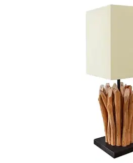 Estila Etno čtvercová masivní stolní lampa Roots s krémovým lněným stínítkem a dekorativní nohou z dřevěných větví 55 cm