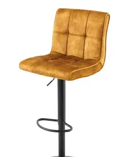 Estila Designová otočná barová židle Modena s hořčicovým žlutým sametovým potahem a černou výškově nastavitelnou nohou 92-116 cm