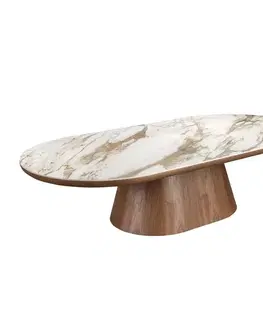 Estila Luxusní oválný moderní konferenční stolek Vita Naturale s bílou mramorovou deskou a dřevěnou hnědou nohou 160 cm