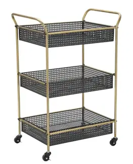 Estila Art deco obdélníkový kovový zlato černý servírovací vozík Zero na kolečkách se třemi úložnými boxy 81 cm