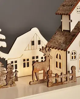Solight LED vánoční vesnička, 34x17cm, dřevo, 4 LED, 2x AA