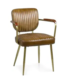 Estila Retro hnědá jídelní židle Denver s koženým potahem s vertikálním prošíváním s opěrkami se zlatými nožičkami 97 cm