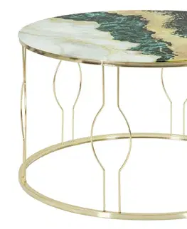 Estila Art deco kulatý mramorový zlatý kovový konferenční stolek Zeren s geometrickou podstavou a vrchní skleněnou deskou 75 cm
