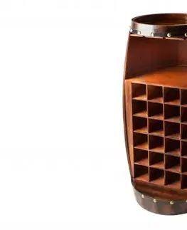 Estila Koloniální designová masivní vinotéka Crawley ve tvaru sudu v tmavě hnědé barvě na 24 lahví s držákem na sklenice 97 cm