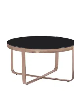 Estila Art-deco kulatý konferenční stolek Brilia s kovovou rose gold konstrukcí a černým temperovaným sklem 80cm