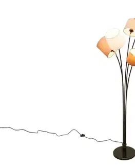 Estila Stylová moderní kovová stojící lampa Levels s pěti kulatými hnědými a bílými lněnými stínítky 176 cm