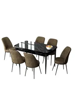 Extendable Dining Table & Chairs Set (7 Pieces) Zen - Black Marble, Brown