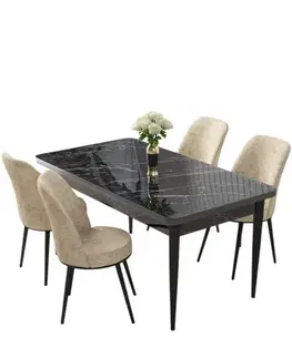 Dining Table & Chairs Set (5 Pieces) Nil - Black Marble, Cream