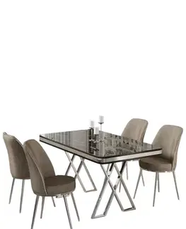 Dining Table & Chairs Set (5 Pieces) Vals - Black Marble, Chrome, Cappuccino