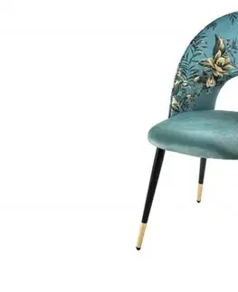 Estila Stylová art deco čalouněná židle Floreque v tyrkysovém provedení s květinovým potiskem a kovovými nožičkami 83cm