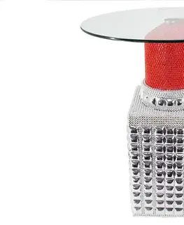 Estila Glamour stříbrný příruční stolek Pop Atelier ve tvaru červené rtěnky s dekorativními kamínky s kulatou deskou ze skla 60 cm