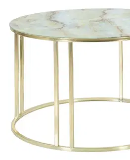 Estila Designový art deco kulatý konferenční stolek Vertiano se skleněnou deskou s modrým mramorovým designem a zlatou podstavou 75 cm