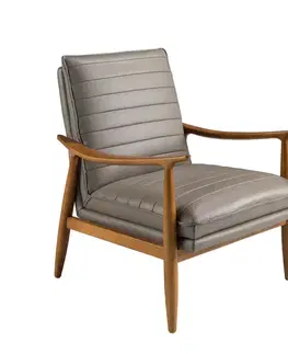 Estila Luxusní kožené křeslo Forma Moderna s designovým hnědým dřevěným rámem a šedým potahem z pravé kůže s prošíváním 91 cm