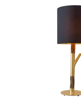 Estila Designová moderní stolní lampa Mervik s černým stínítkem a hnědou dřevěnou nohou se zlatými kovovými detaily 74 cm