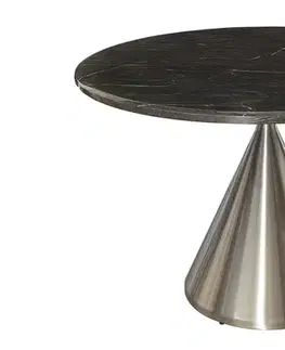 Estila Luxusní mramorový art deco kulatý jídelní stůl Elina se stříbrnou kovovou kuželovou nohou a černou deskou 130 cm