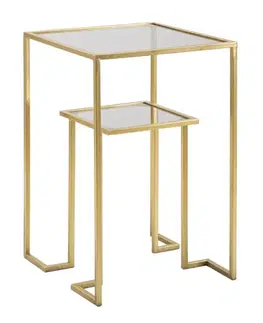 Estila Art deco čtvercový dvojitý příruční stolek Damin se dvěma skleněnými deskami nad sebou s kovovou zlatou konstrukcí 60 cm