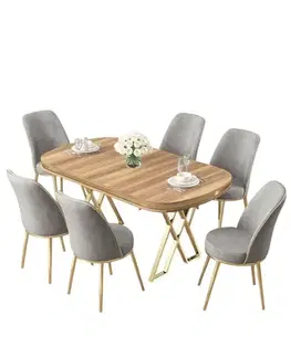Dining Table & Chairs Set (7 Pieces) Lai - Light Walnut, Gold, Grey