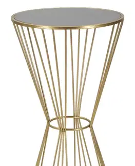 Estila Art deco kulatý kovový zlatý příruční stolek Samer s nohou ve tvaru přesýpacích hodin s vrchní černou skleněnou deskou 100 cm