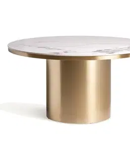 Estila Luxusní art deco kulatý jídelní stůl Dorienne se zlatou nohou a bílou vrchní deskou s mramorovým designem 150 cm