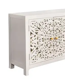 Estila Designový čtyřdveřový orientální příborník Orient z bílého masivního mangového dřeva s vyřezáváním a zlatými detaily 170 cm
