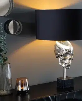Estila Art deco stříbrná stolní lampa Uma s kovovou lebkou, černým kulatým stínítkem a mramorovou podstavou 56cm