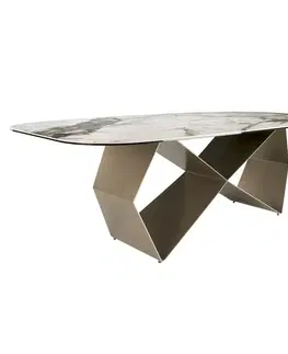 Estila Luxusní art deco jídelní stůl Continuo s béžově zlatou podstavou a vrchní deskou s designem bílého mramoru 240 cm