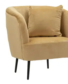 Estila Moderní designové křeslo Cally s polštářem a sametovým potahem v okrové žluté barvě s černými nožičkami 78 cm