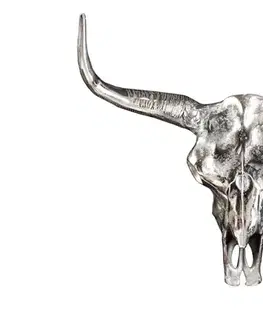Estila Moderní stylová nástěnná dekorace Matador s designem lebky s rohy z kovu ve stříbrné barvě 58 cm