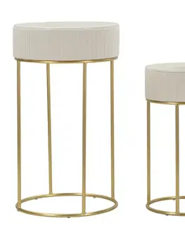 Estila Art deco sada kovových kulatých příručních stolků Glamia Tapisé s béžovým sametovým prošíváním a mramorovou deskou 90 cm