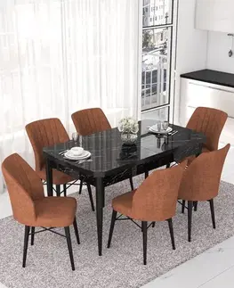 Extendable Dining Table & Chairs Set (7 Pieces) Nef - Black Marble, Tile Red