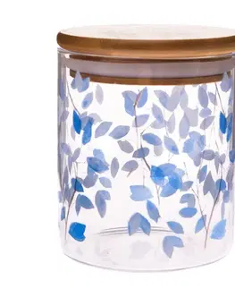 Skleněná doza s bambusovým víčkem Modré květy, 440 ml, S