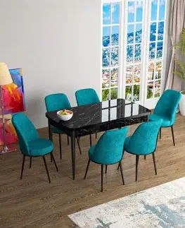 Extendable Dining Table & Chairs Set (7 Pieces) Han - Black Marble, Turquoise